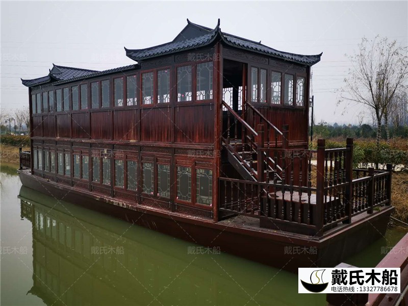 安徽白鹭岛16米无动力画舫餐饮船 双层封闭式木船
