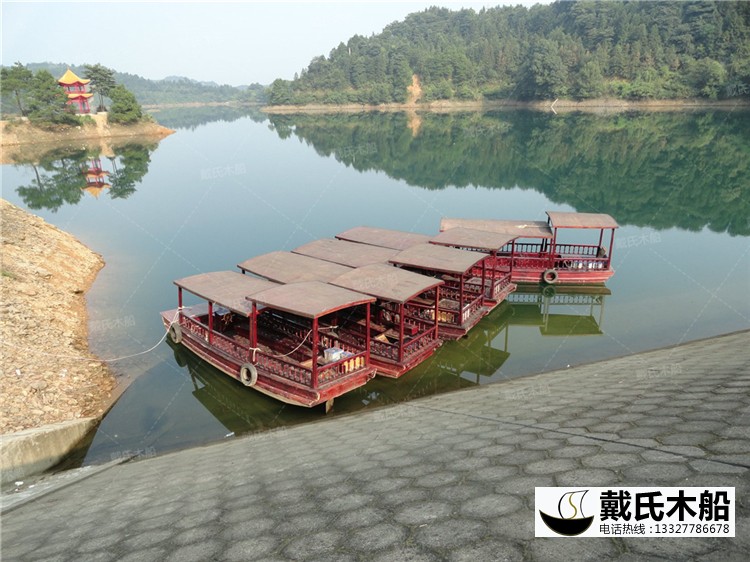 水库8米电动仿古木船 景区电动观光休闲旅游船 木质双篷子船